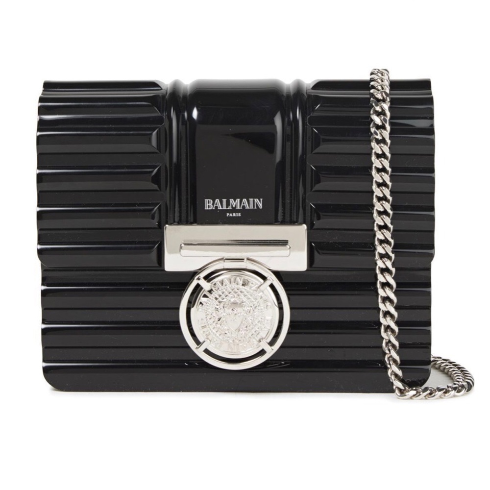 NEW BALMAIN Plexiglas Clutch Bag Textured Chain Strap Medallion Flap